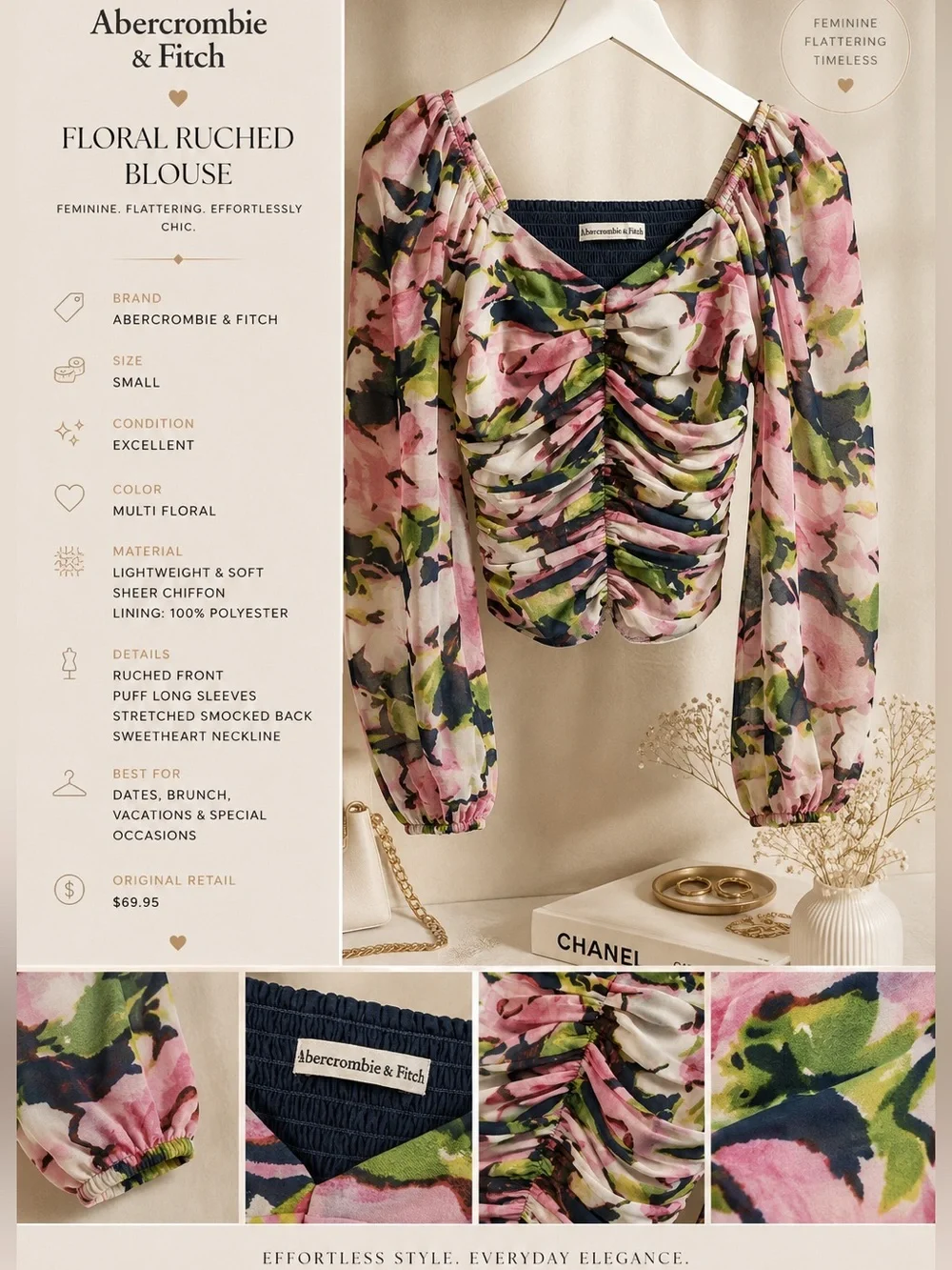 Abercrombie & Fitch Multi-Floral Pink Green Ruched Chiffon Blouse